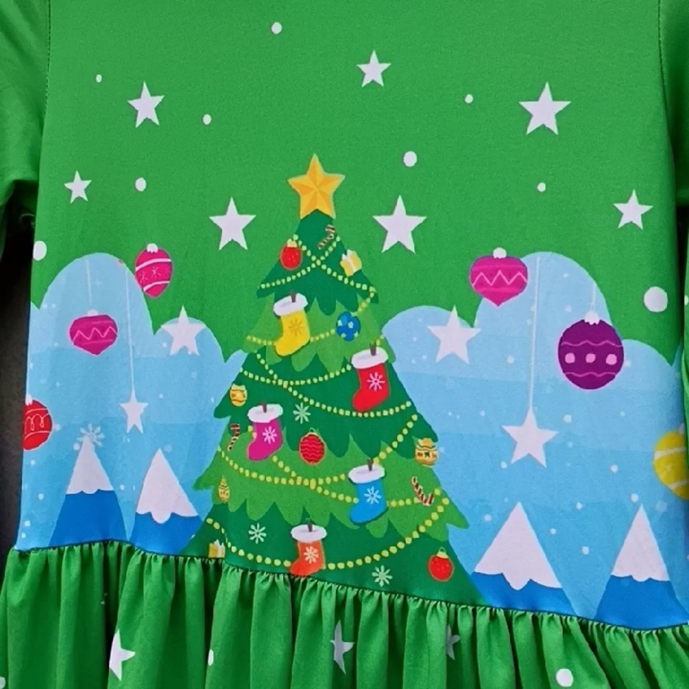 Festive Green Christmas Tree Dress Girls Size 12 With Hood